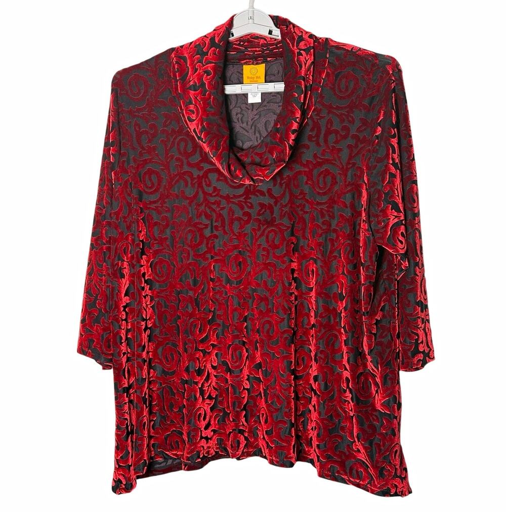 Ruby Rd. Womens 3X Plus Red Black Floral Velvet Burnout Cowl Neck 3/4 Top